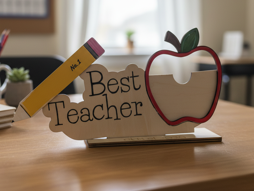 Biển để bàn best teacher đóng khung họa tiết quả táo
