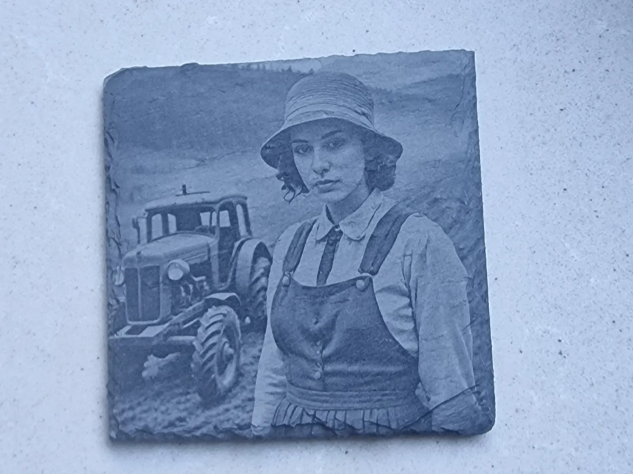 Vintage Farmer Woman with Tractor Print - real Atomm community coaster project