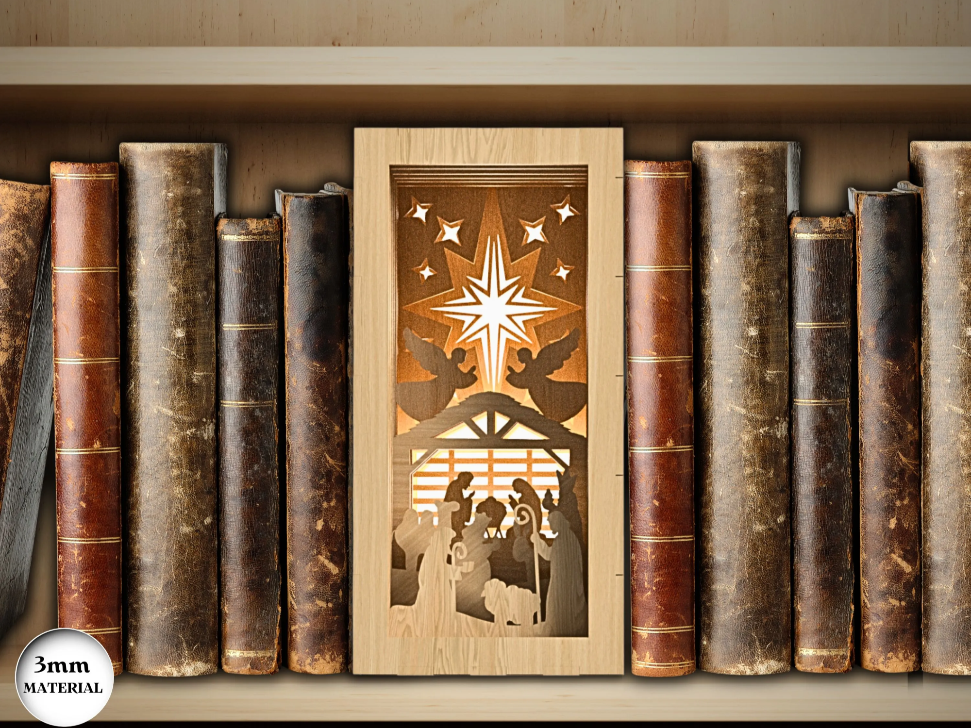 Nativity scene book nook 3D layered basswood shelf insert diorama with radiant star