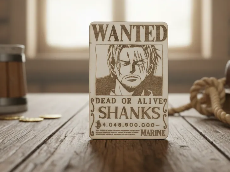 Wooden engraved wanted poster of Shanks with bounty amount One Piece gift idea
