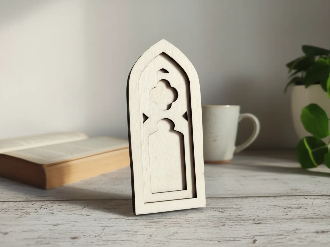 Laser cut wooden ornament with an intricate gothic window design