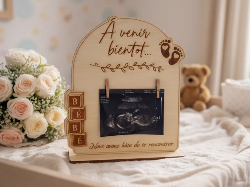 “Coming Soon” Wooden Arch Frame with Ultrasound Photo Clips pregnancy gift idea
