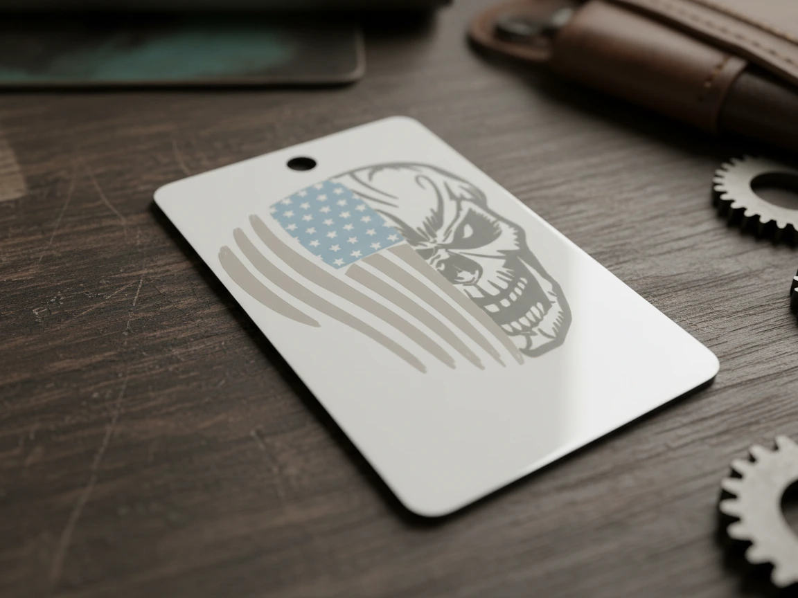 Colourful Laser Engraved Metal Tag with Skull and American Flag Design — free patriotic laser/print project file on Atomm