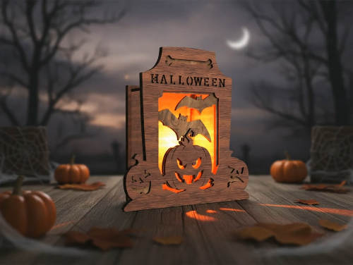[Laser cut and engrave] Halloween Tombstone Lantern SVG – Bat & Pumpkin Candle Holder Laser Cut Files