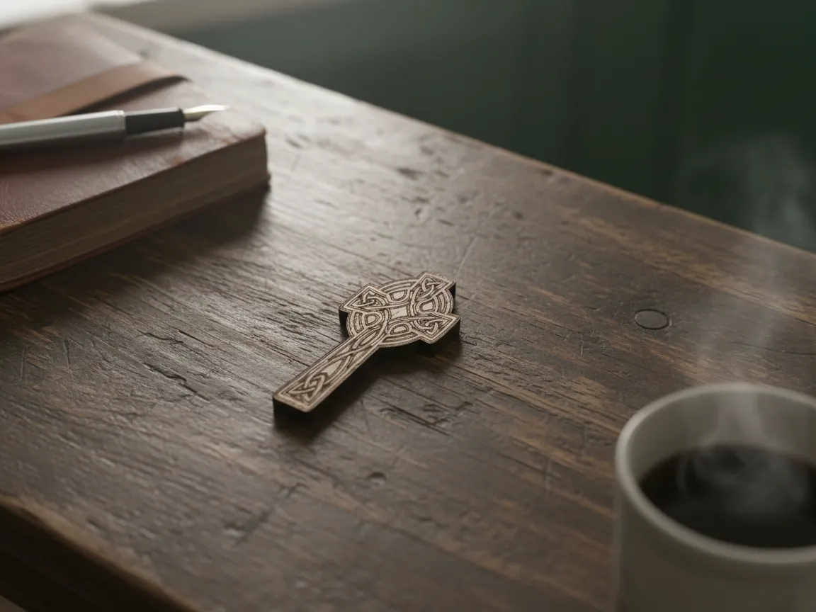 Wooden Celtic cross desk ornament with knotwork detail