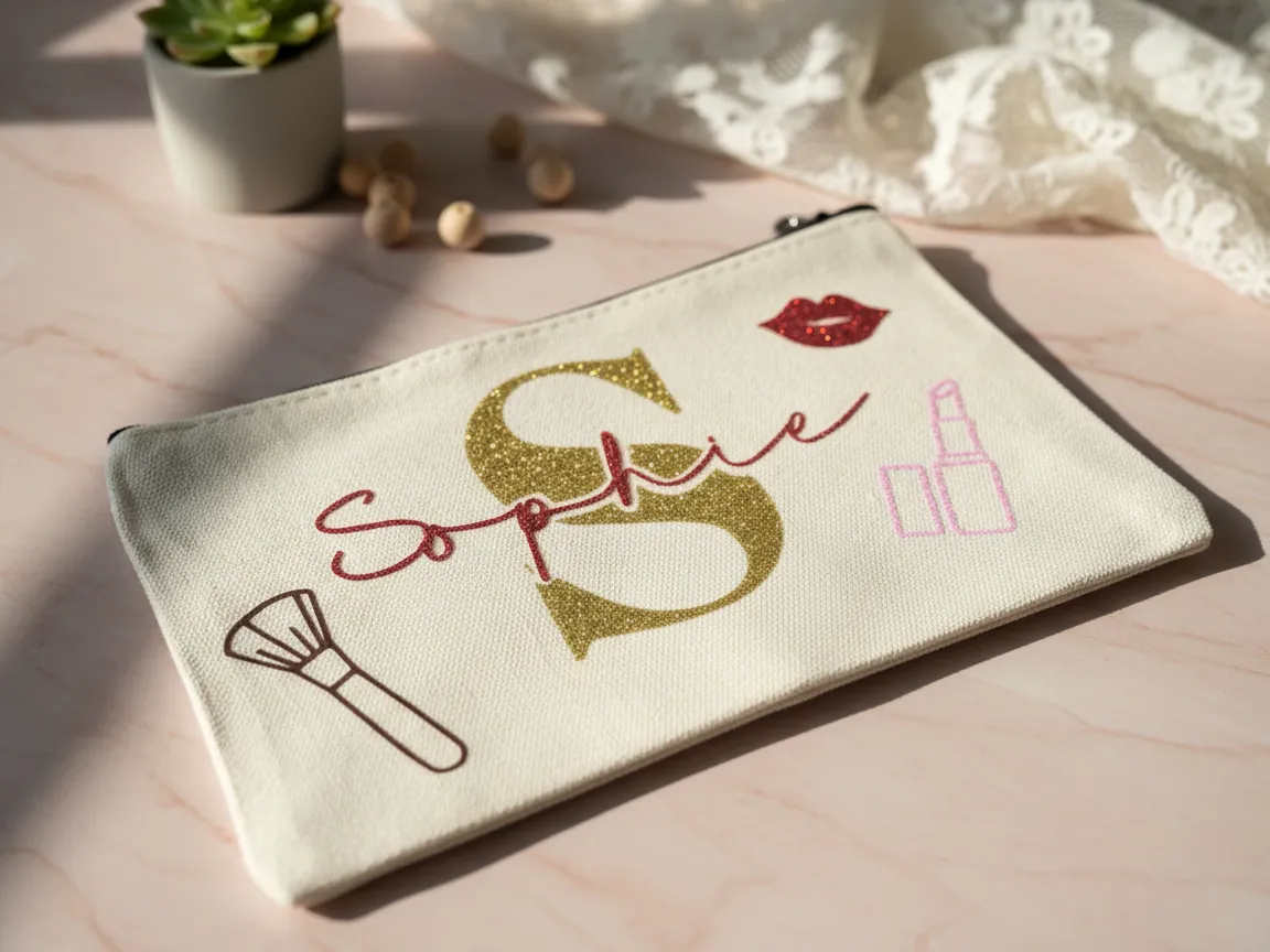Personalized Makeup Bag with Glitter Letter and Cosmetic Icons