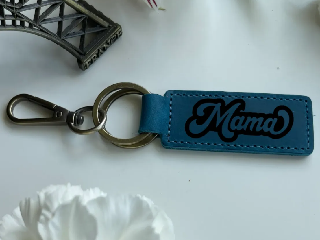 Mama Text Blue Leather Keychain custom leather keychain idea