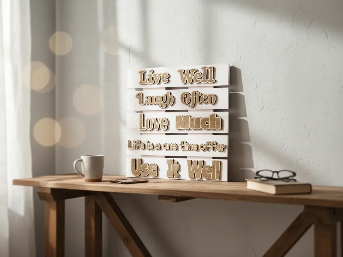 Cartel de madera en capas "Live Well, Laugh Often" – idea de decoración de pared para oficina