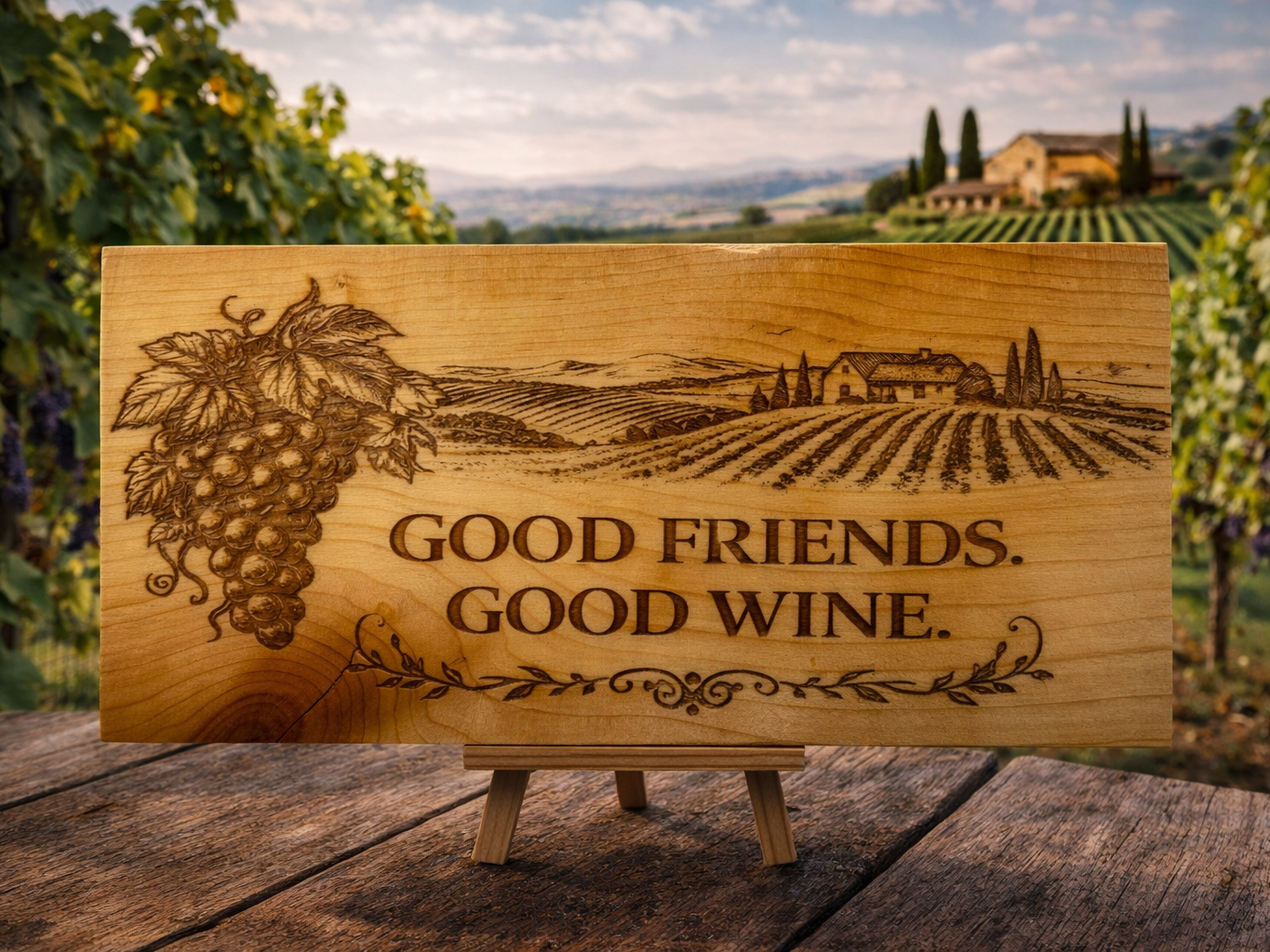 Tabla de cedro, cartel de viñedo "Good Friends, Good Wine"