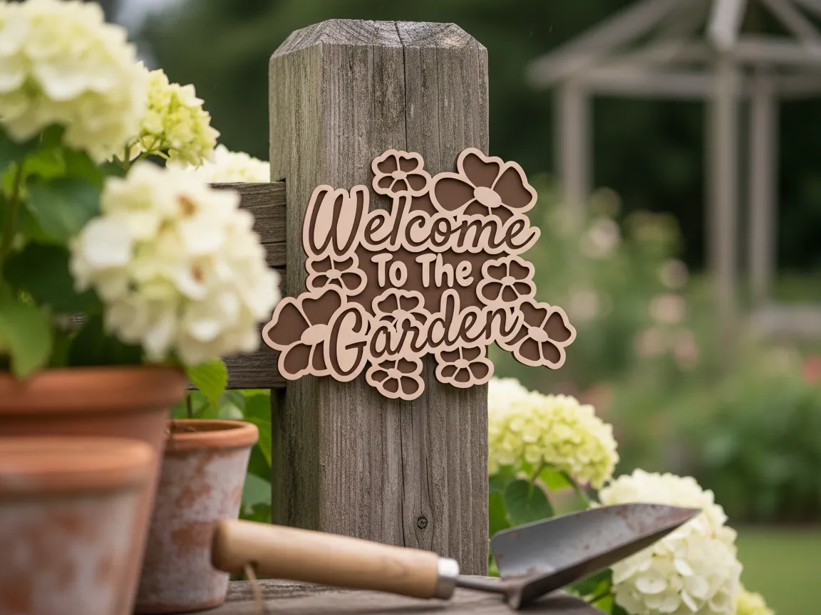 Pancarte de jardin en bois « Bienvenue au jardin » découpée au laser, motif floral - modèle de décoration de jardin