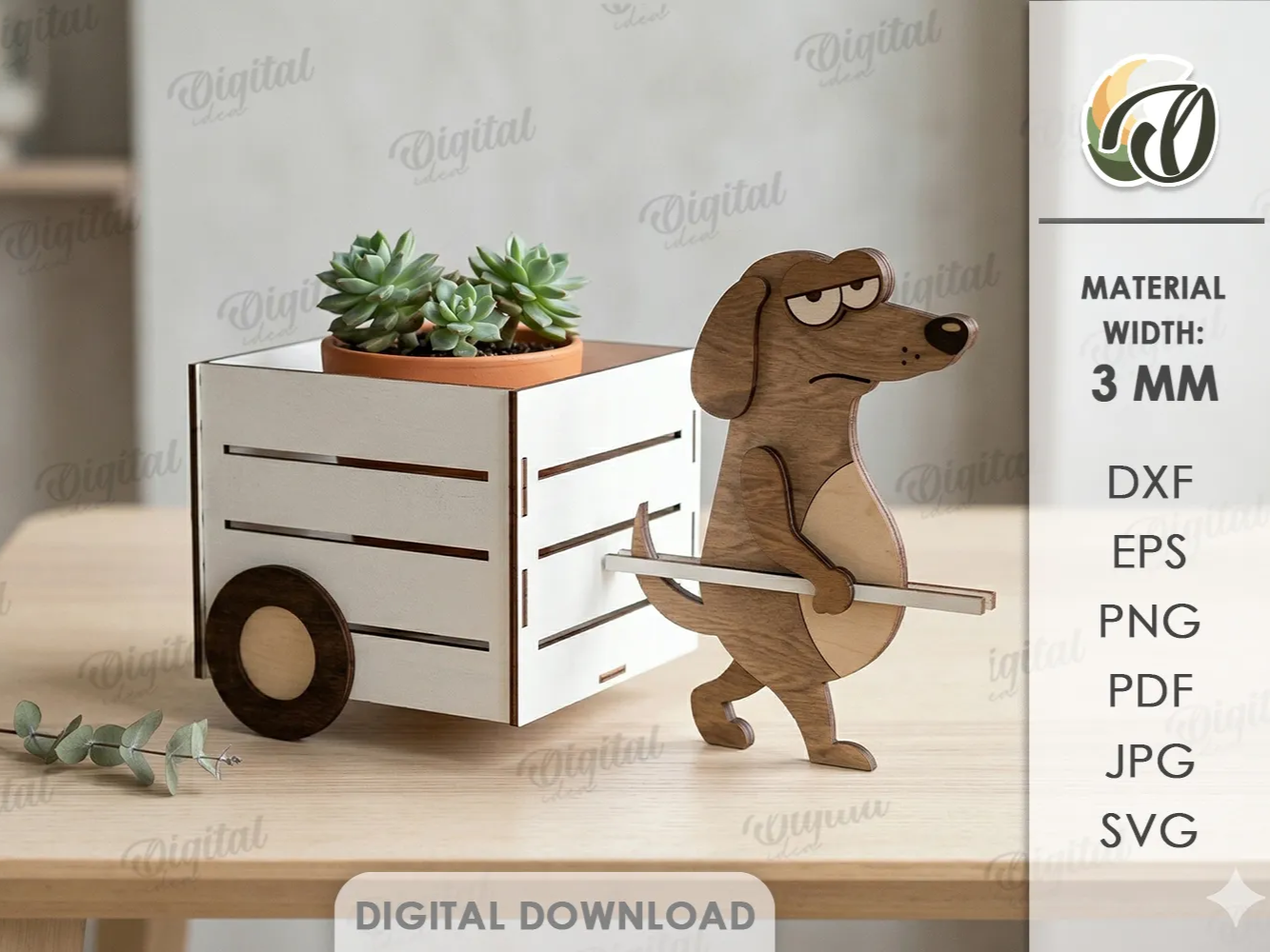 Funny Dog Planter and Plant Riser laser-cut design on a styled shelf