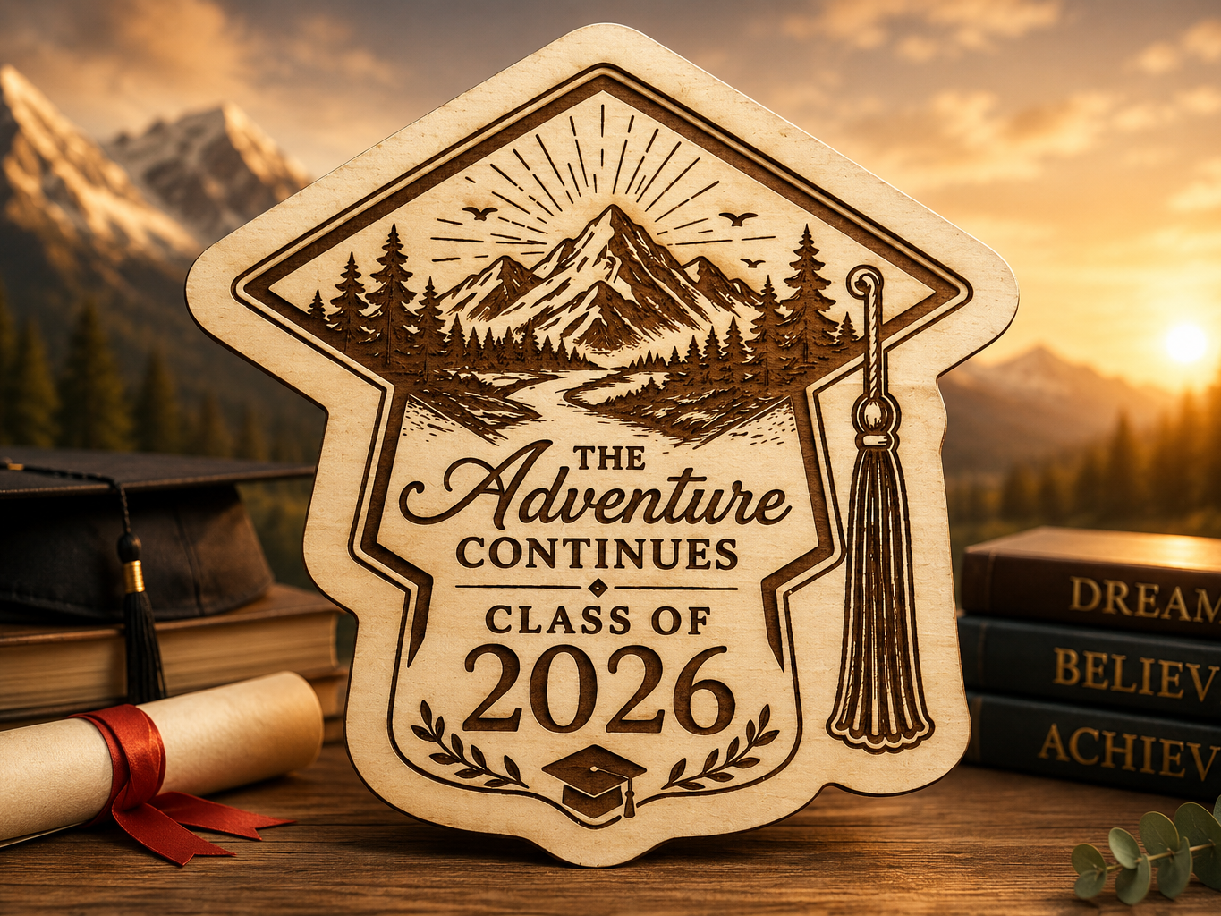Graduation cap wall art with adventure continues quote