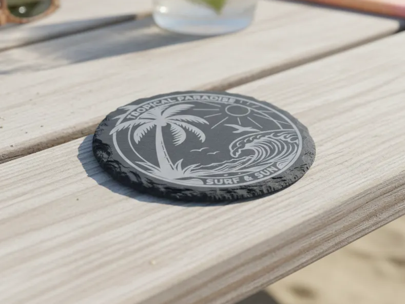 Runder Schiefer-Untersetzer mit tropischer Surf- und Sonnenszene