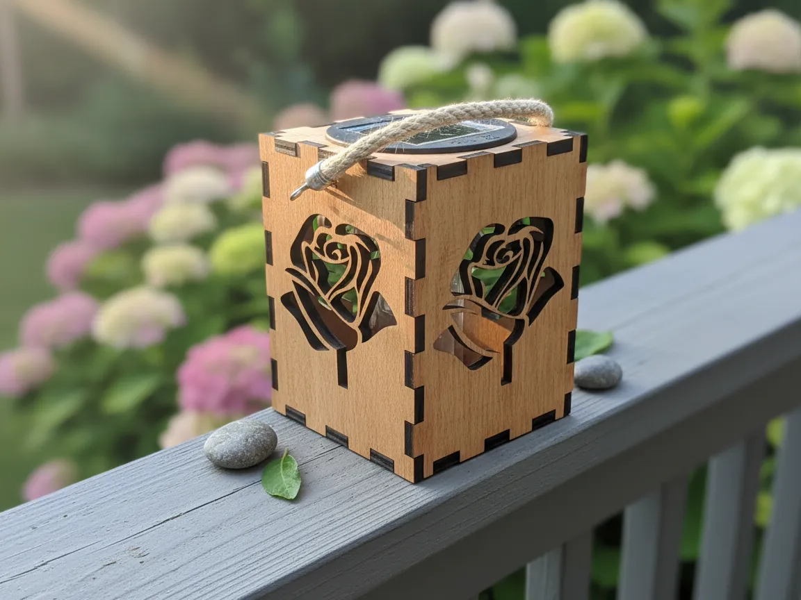 Compact wooden solar windlight with rose cutouts and rope handle on a deck rail garden light idea