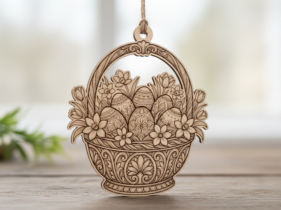A wooden ornament engraved with an intricate basket of Easter eggs and flowers