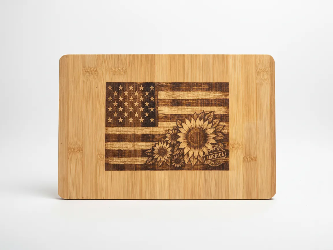Laser Engraved Bamboo Cutting Board with American Flag and Sunflowers — free patriotic laser/print project file on Atomm