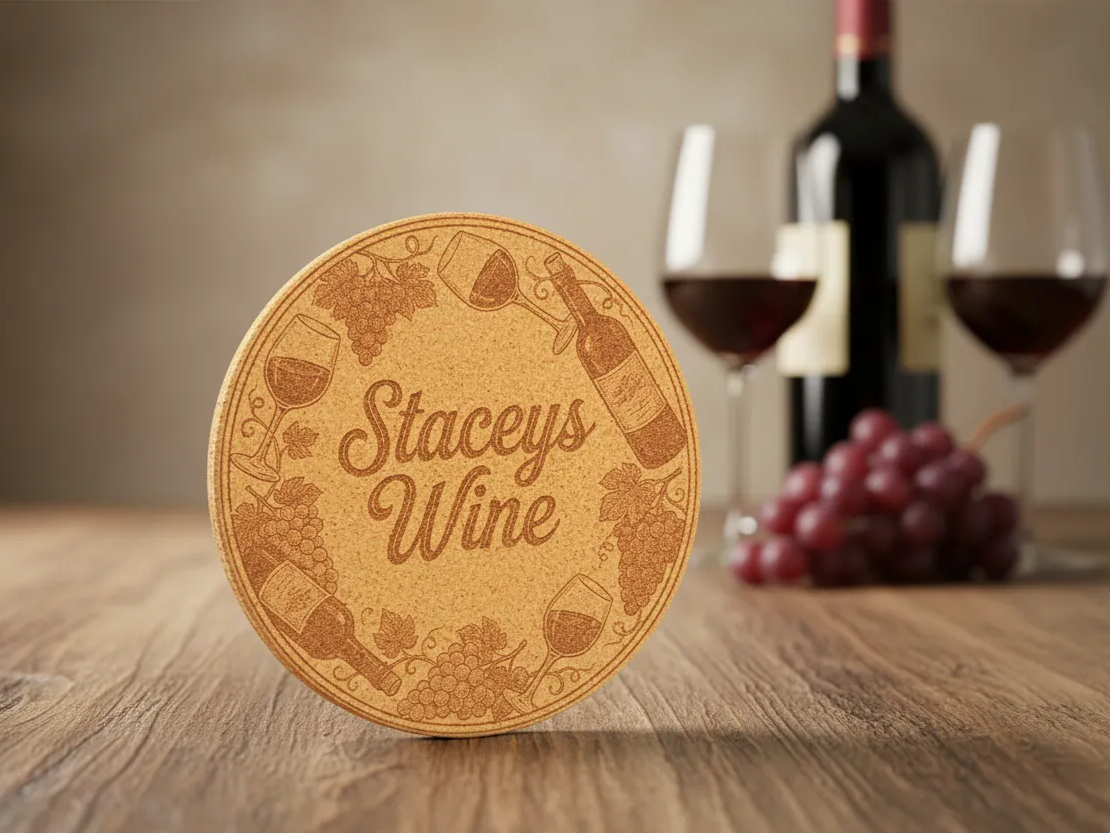 Dessous-de-verre rond en liège gravé de raisins et d'un verre à vin, conçu pour être personnalisé