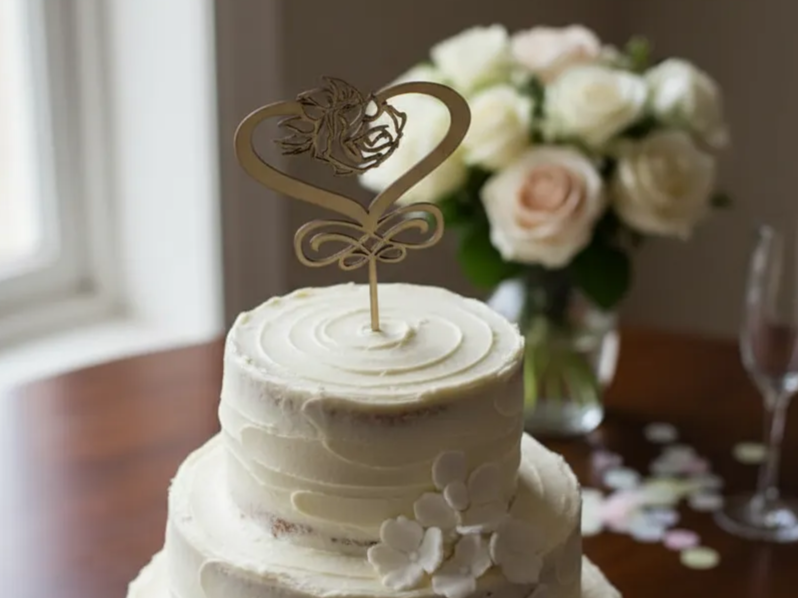 Heart and rose wooden cake topper