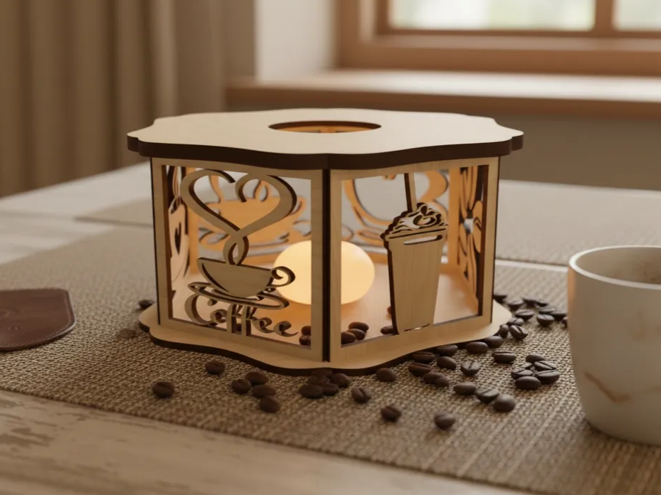 Coffee Theme Candle Holder laser cut design on a table