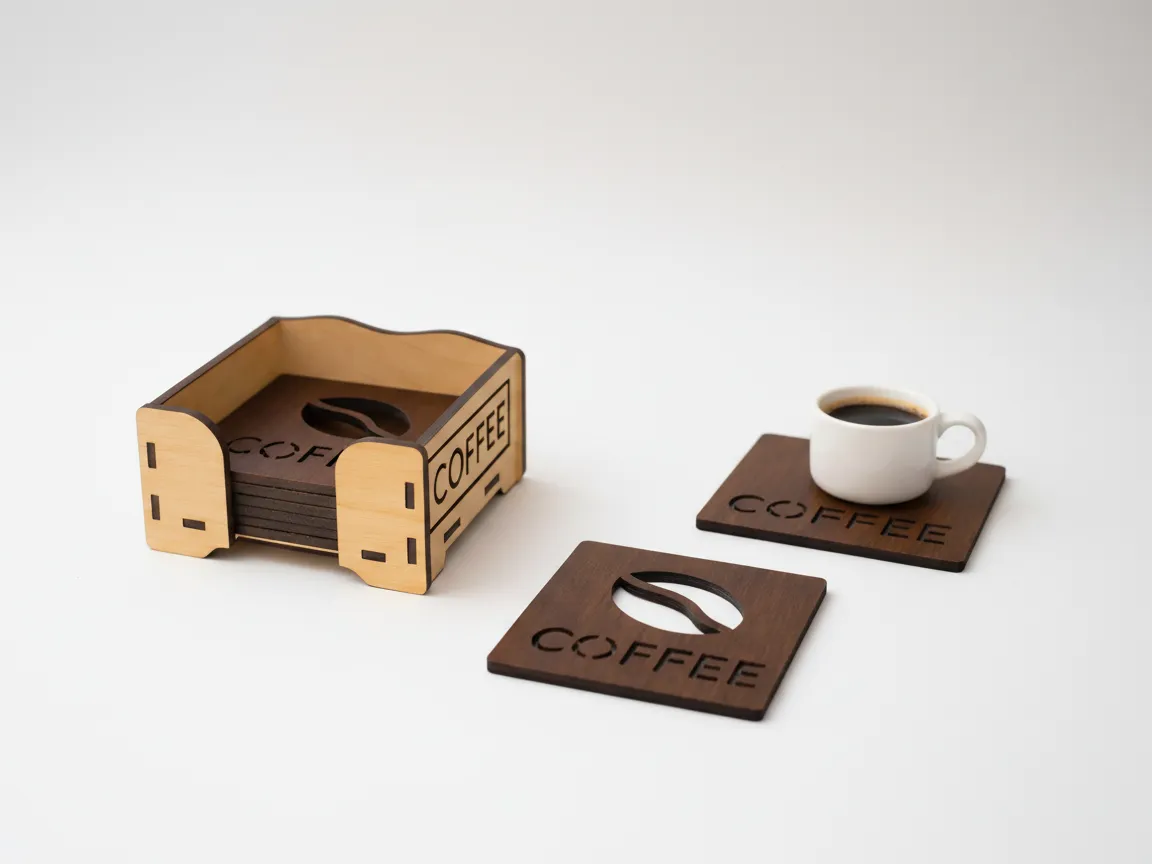 Wooden coffee coaster set with matching holder in cafe style