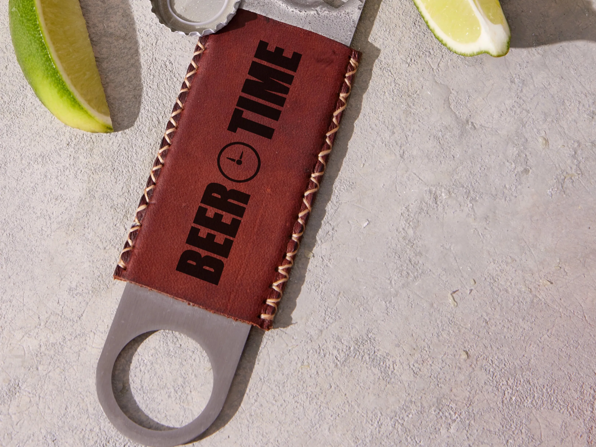 Leather Covered Beer Bottle Opener with "Beer Time" Engraving gift for him design