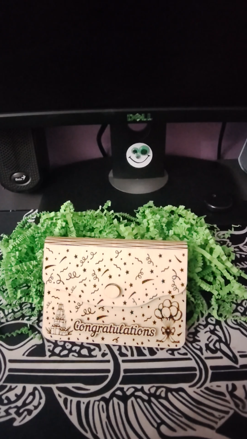 [Laser cut and engrave] Laser Cut Wooden Congratulations Card Money Holder with Balloon and Gift Design