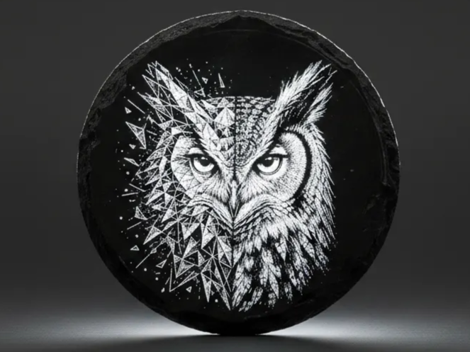 Owl head built from angular geometric facets on circular slate plaque