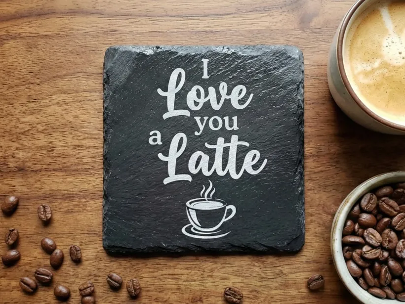 Slate coaster engraved with I Love You A Latte coffee pun
