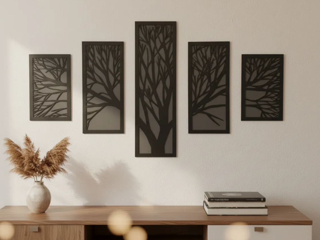 Set seni dinding ranting pohon hitam lima panel