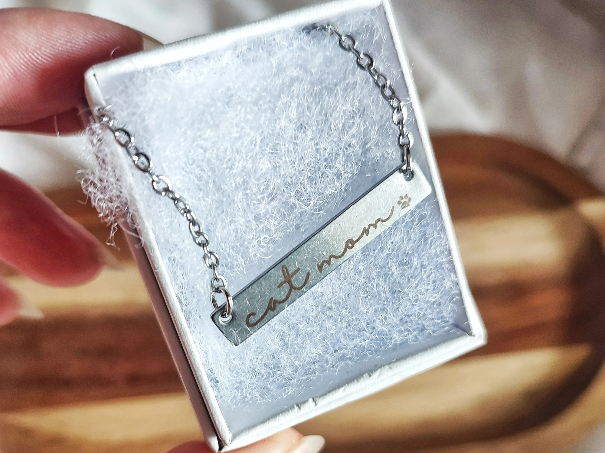 Engraved Cat Mom Silver Bar Necklace gift for her design