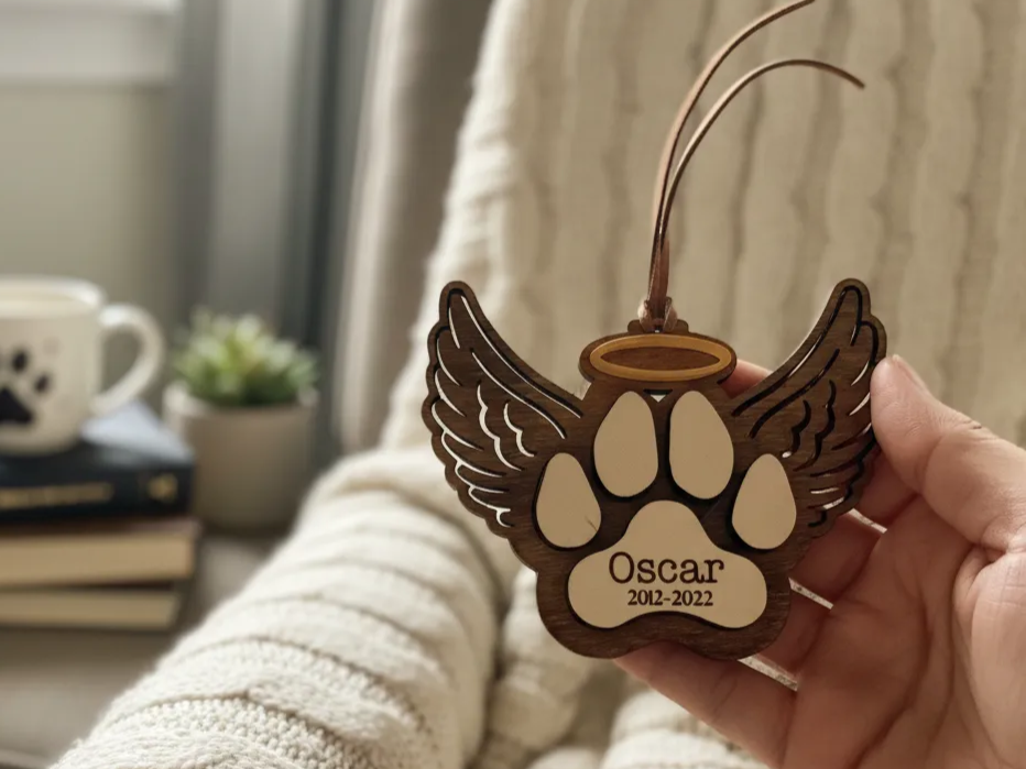 Laser Cut Wooden Angel Paw Memorial Ornament with Custom Name personalized ornament design on Atomm