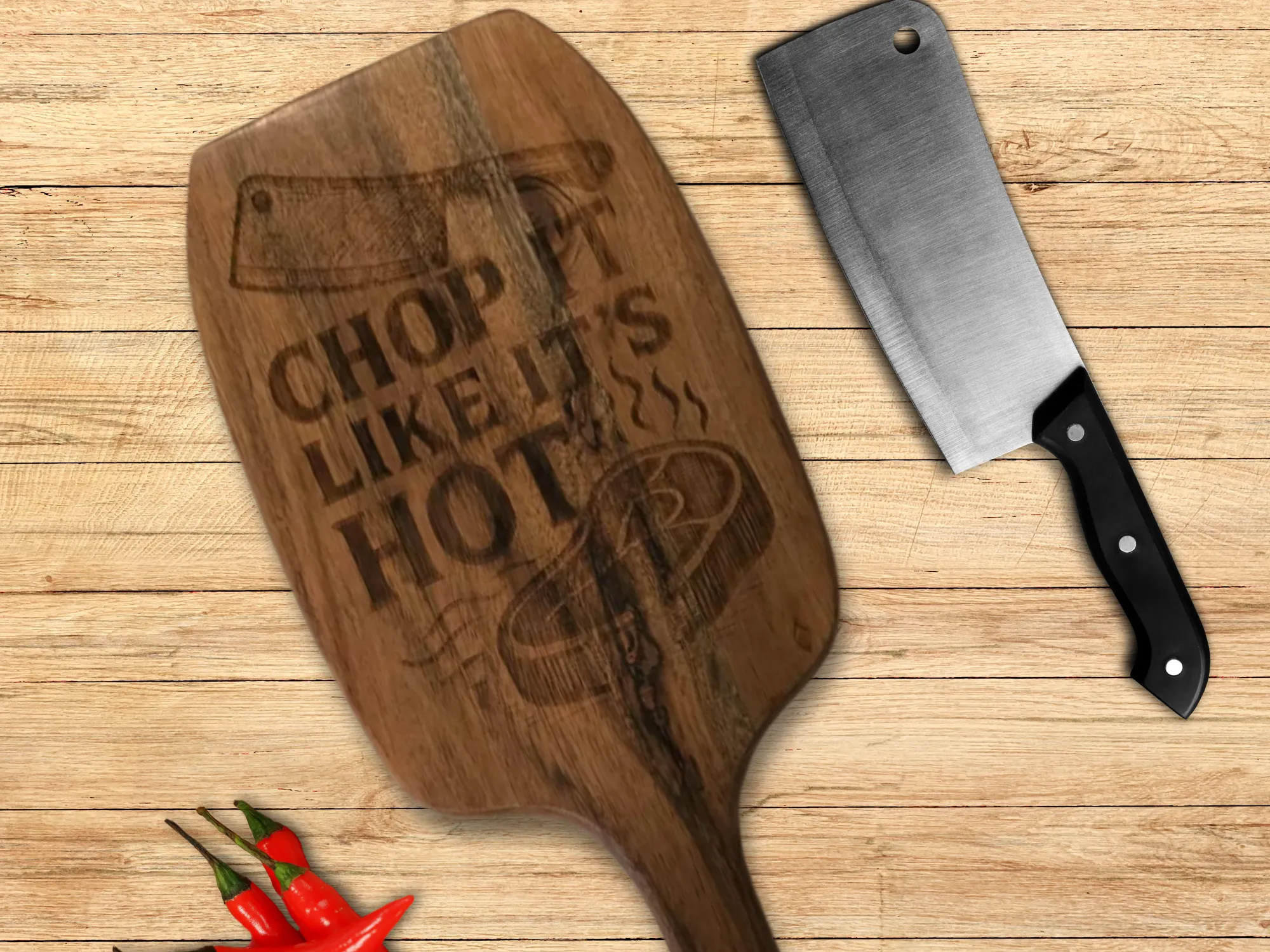 Engraved wooden cutting board with Chop It Like It's Hot quote