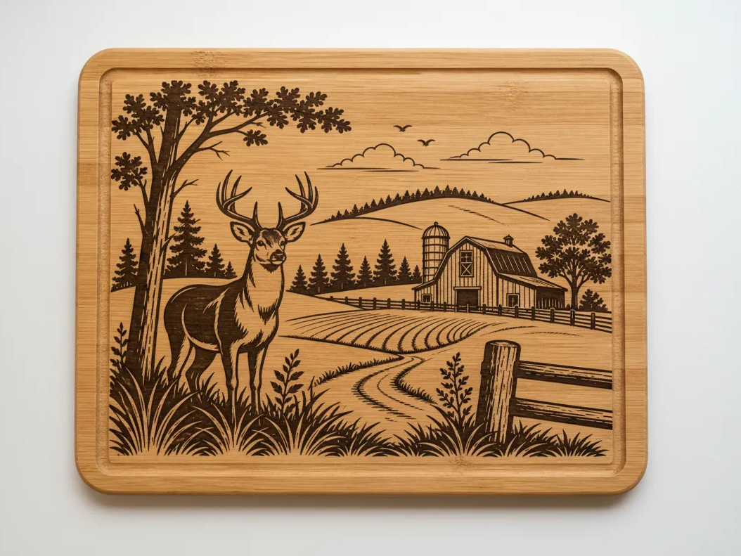 Rustic Farm and Deer Landscape cutting board design