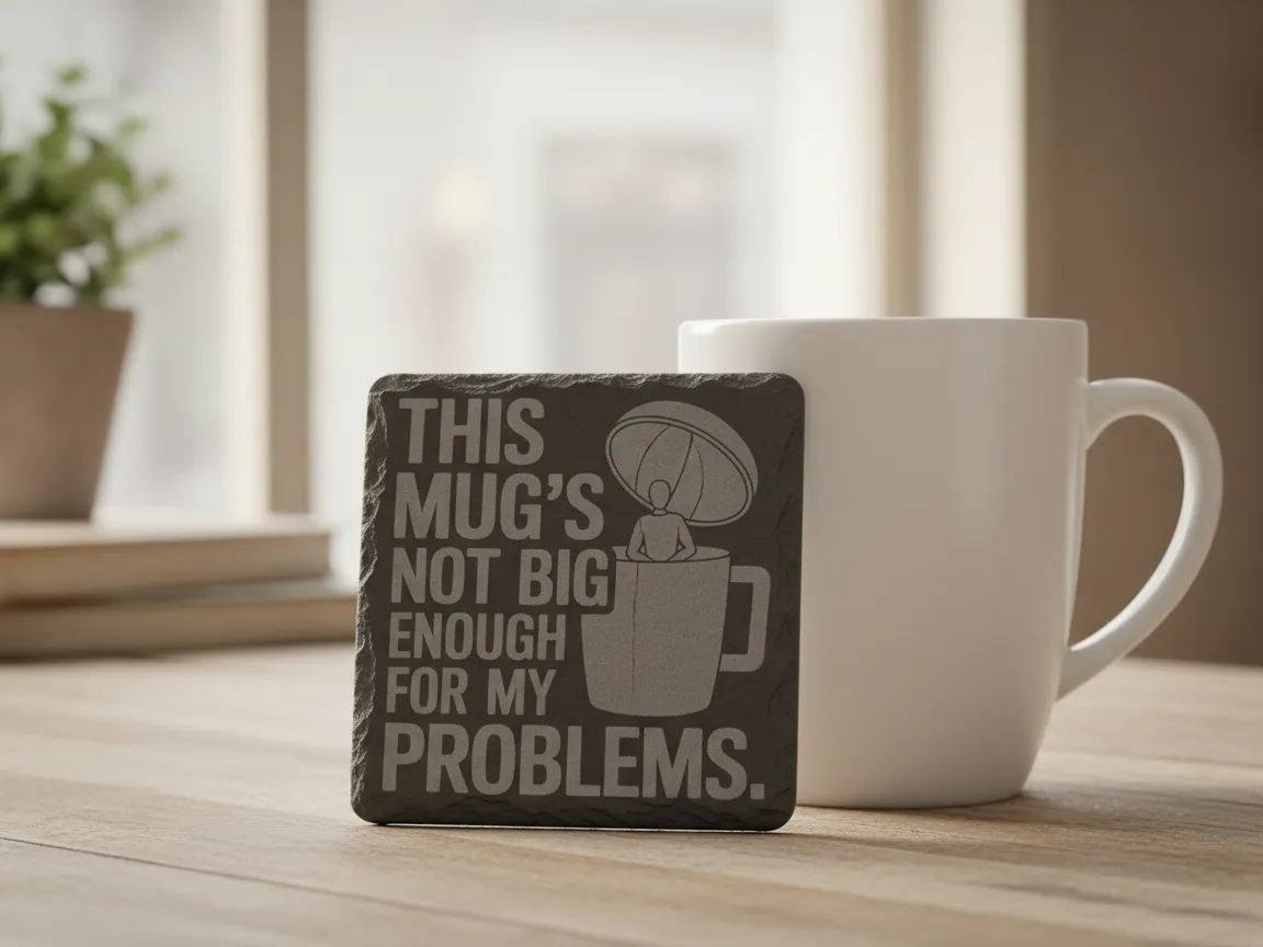 Slate coaster engraved with a humorous quote about mugs