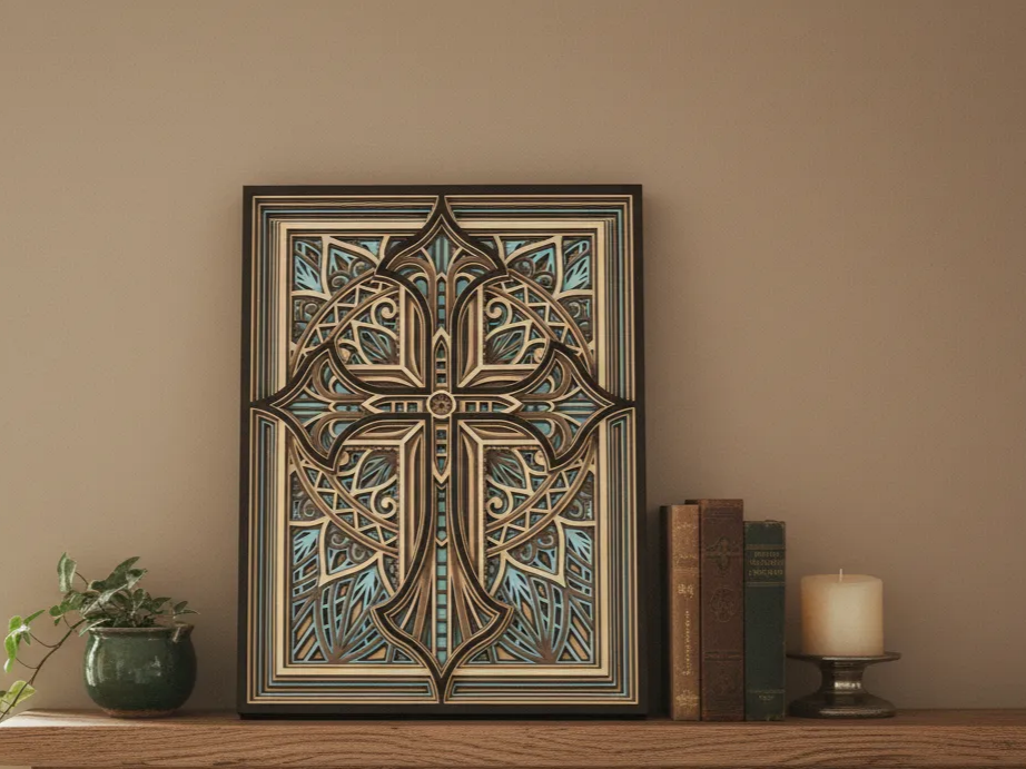 Décoration murale en bois croix-mandala