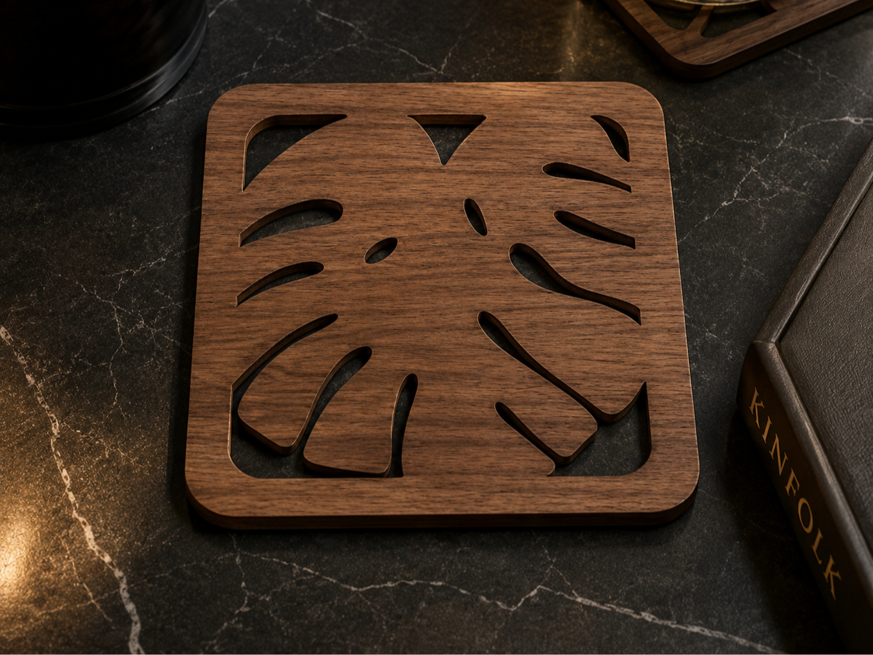 Dessous de verre en bois carré avec un design de feuille de monstera découpé au laser