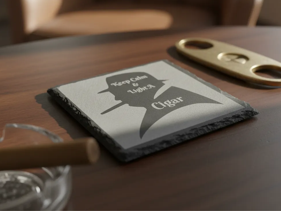 Slate Coaster with Winston Churchill and Cigar Design groomsmen gift idea