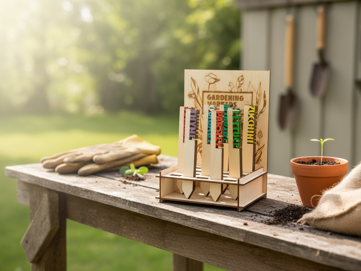 Lasergeschnittenes Holz-Gartenmarkierungs-Set mit Halterung