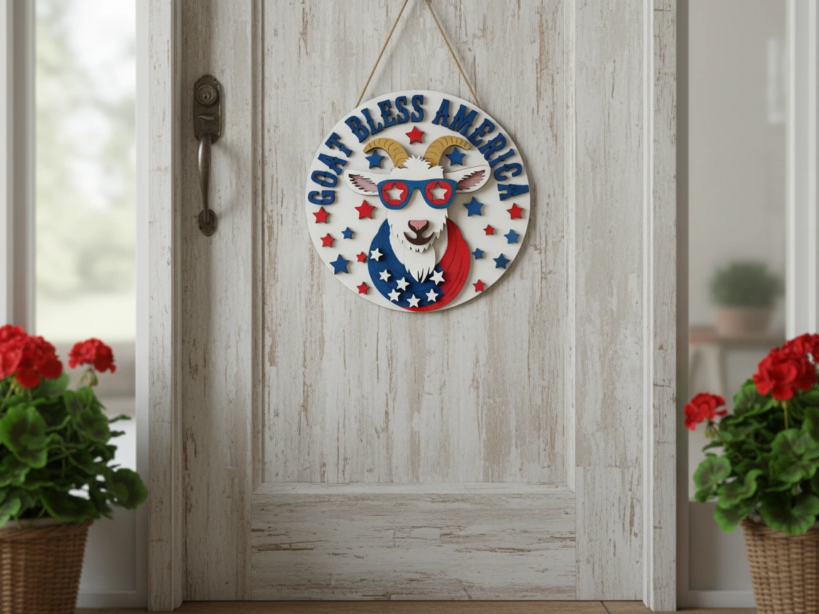 Goat Bless America Patriotic Round Wall Hanging Sign — free patriotic laser/print project file on Atomm