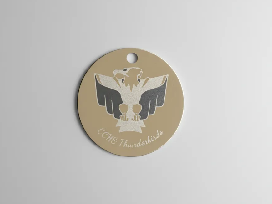 Laser Engraved Round Keychain with Thunderbird Logo and CCHS Text custom logo keychain idea