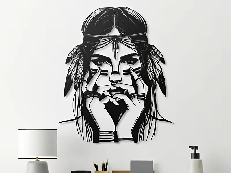 Apache Tribal Woman Wall Art SVG – Native American Portrait Laser Cut File – Wooden Wall Decor