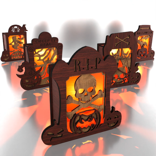 [Laser cut and engrave] Halloween Tombstone Lanterns | Set of 5 Candle Holders | Spooky Graveyard Décor