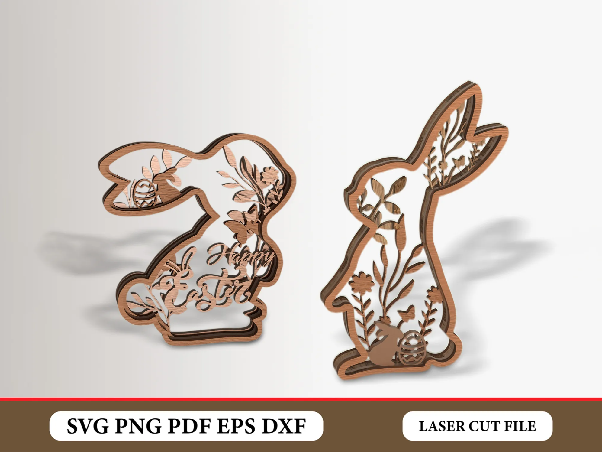 Wooden Easter bunny ornament with a floral rabbit silhouette