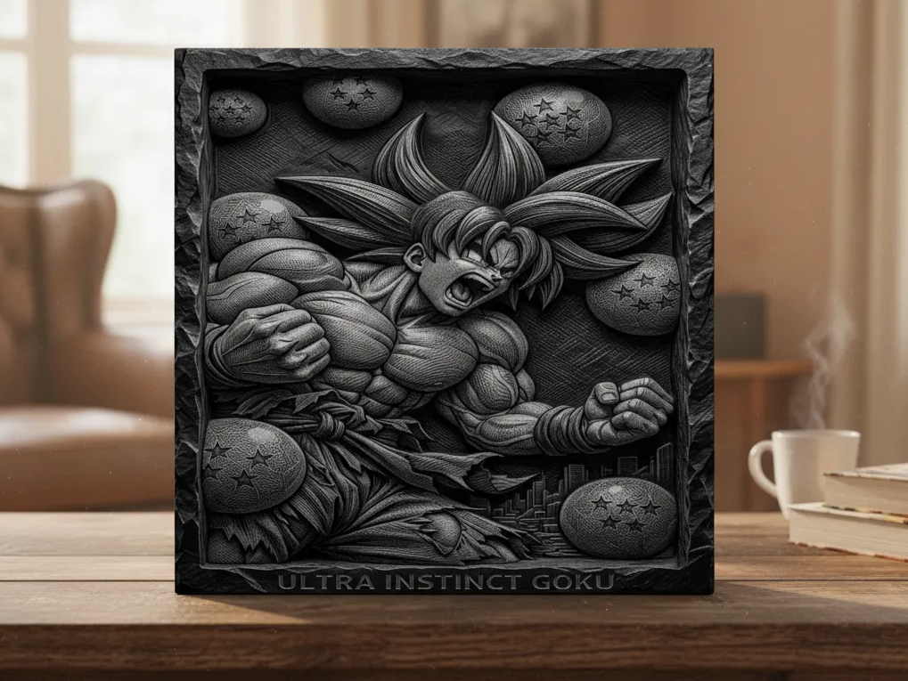 ウルトラインスティンクト悟空と七つのドラゴンボールが刻まれた質感のある石彫タイル