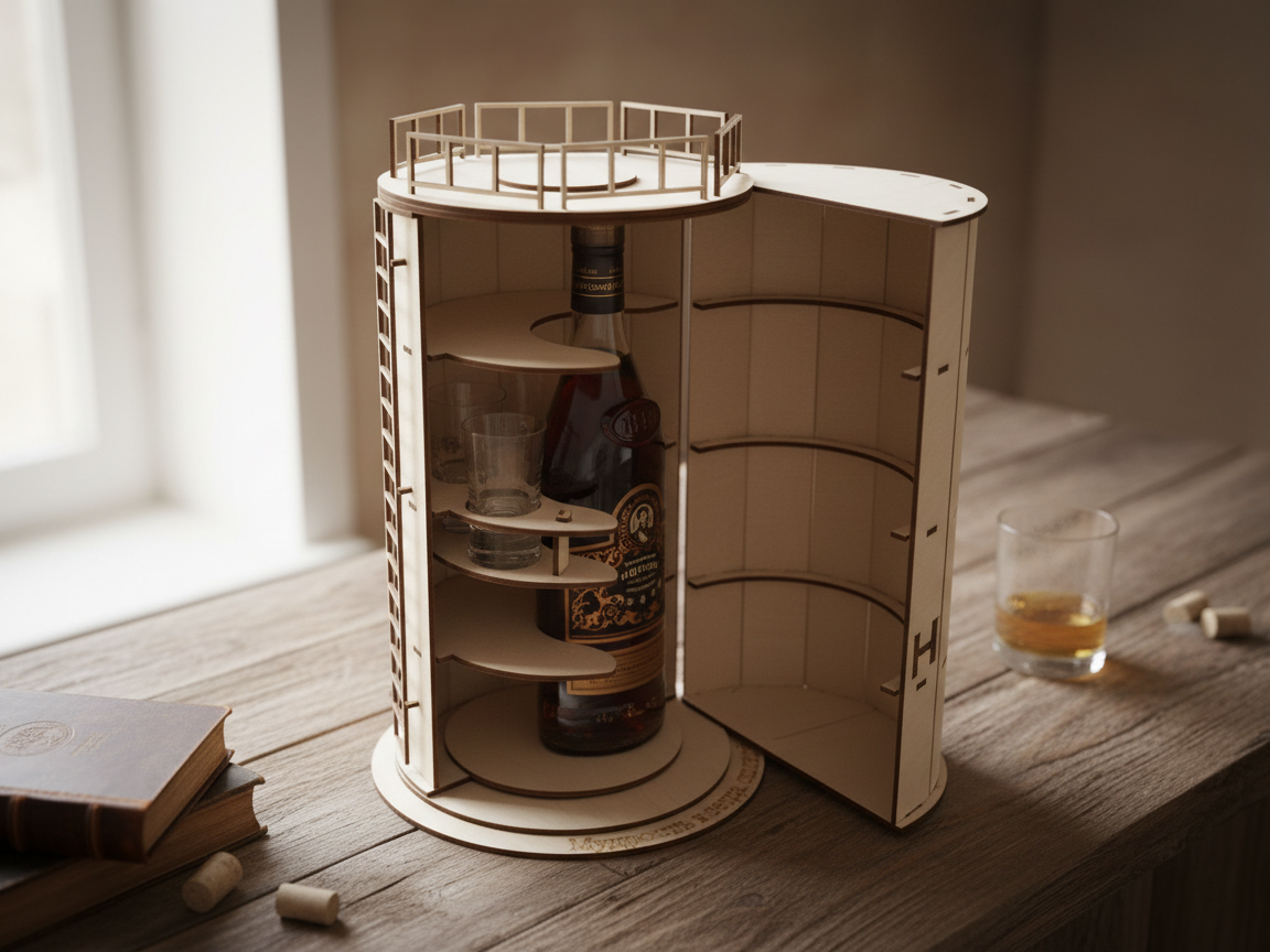 Laser Cut Wooden Whiskey Bottle Display Case with Glass Holders groomsmen gift idea