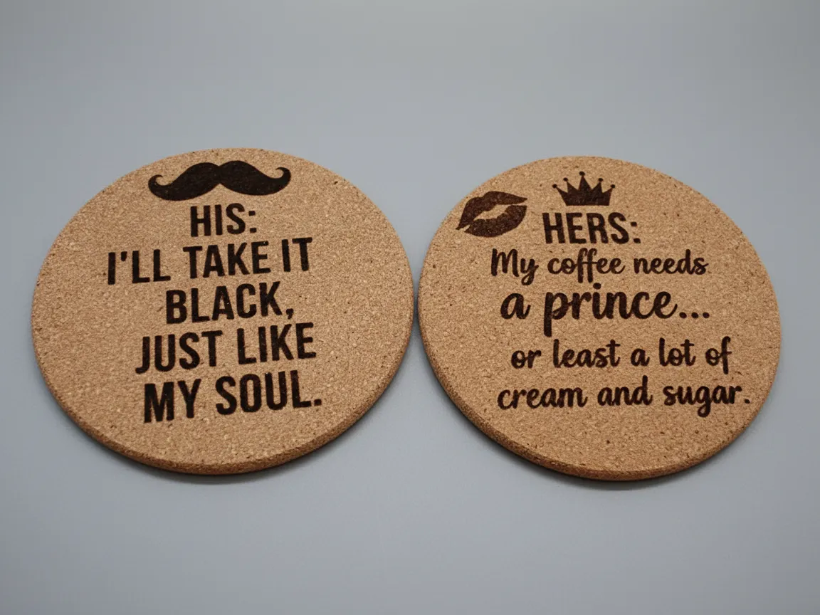 His and hers matching cork coffee coasters