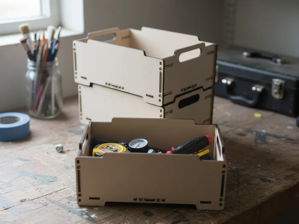 Wooden storage box with cutout handles