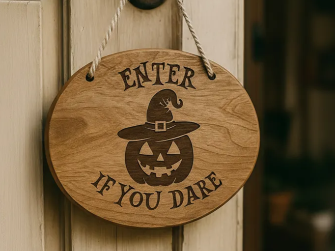 Cartello di Halloween zucca e cappello da strega - incisione laser - idea di decorazione per la festa di Halloween