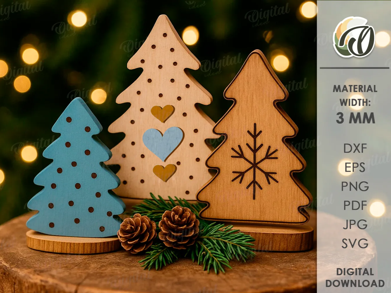 Conjunto de tres adornos rústicos en 3D para la repisa del árbol de Navidad