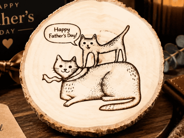 Hand-drawn Father's Day design engraved on a wood slice